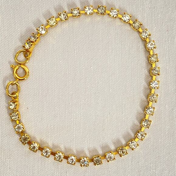 Dainty Tennis Bracelet Ultra Thin Gold Tone Clear Rhinestone Line Spring Clasp - Picture 4 of 8